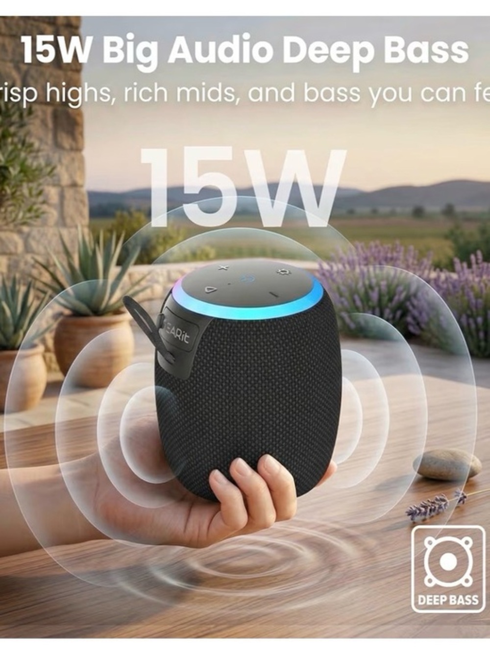 Black Waterproof Portable Bluetooth Speaker with LED Ring